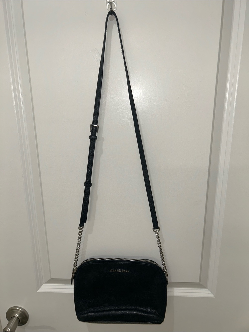 Michael Kors Shiny Black Leather and Silver Chain Crossbody Bag